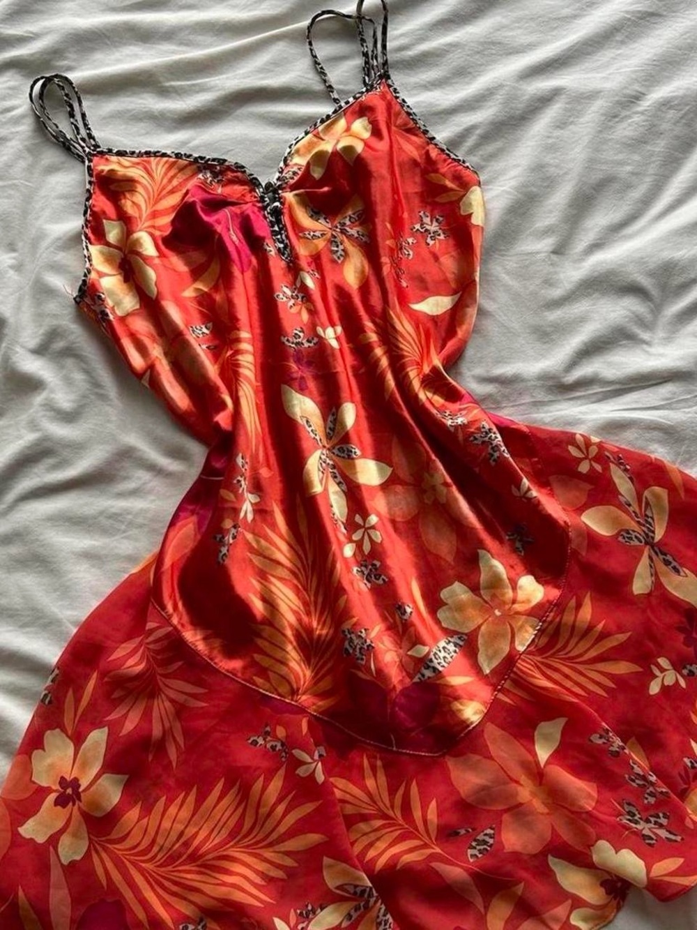 Secret Treasures Red Floral Satin Chemise with Yellow Accents